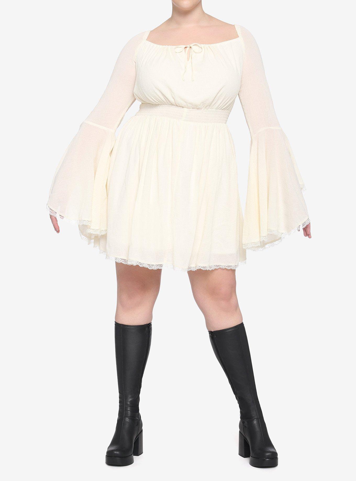 Cream Bell Sleeve Smocked Dress Plus Size, , hi-res