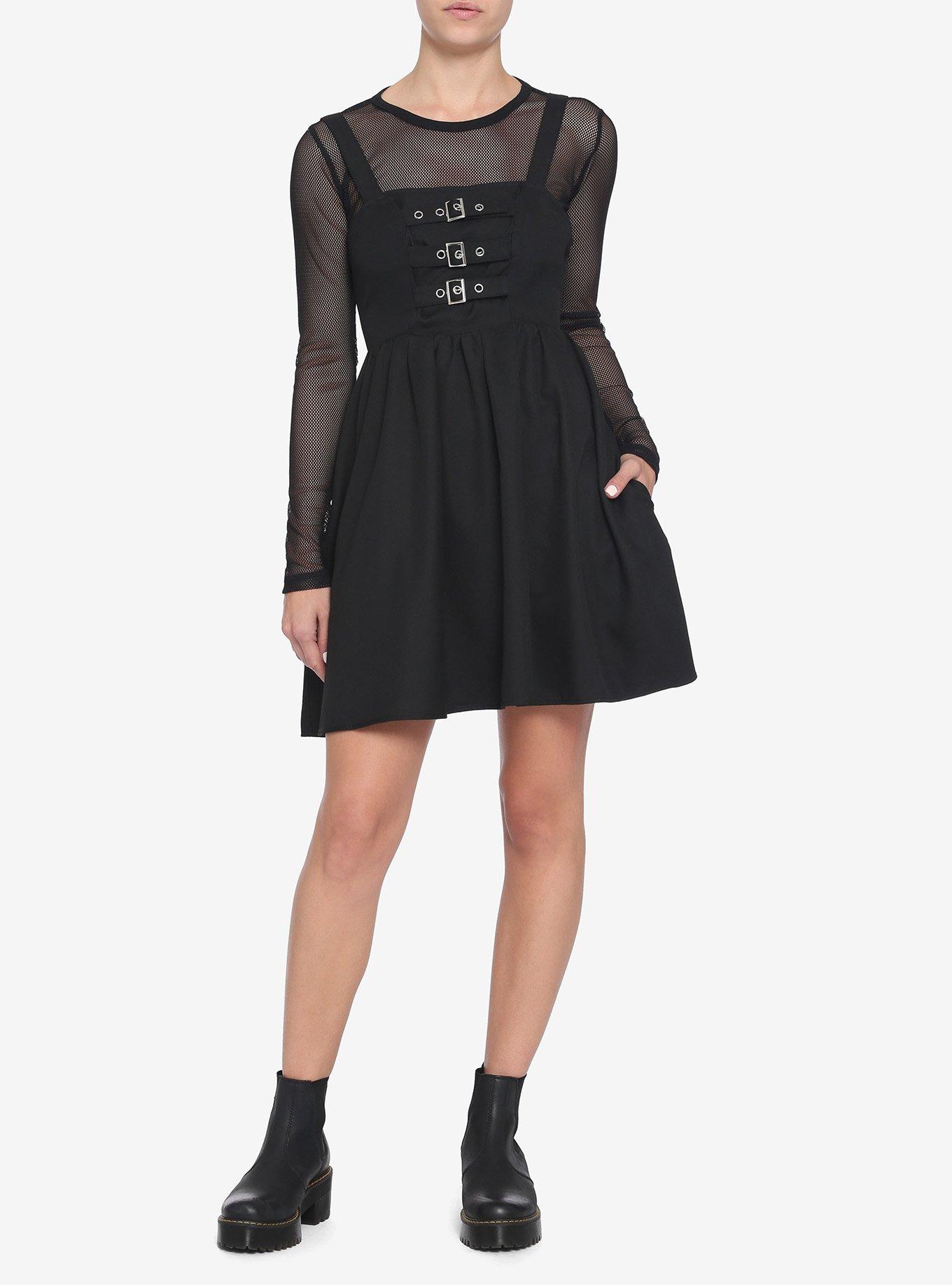 Black Multi-Buckle Front Pinafore Dress, BLACK, alternate