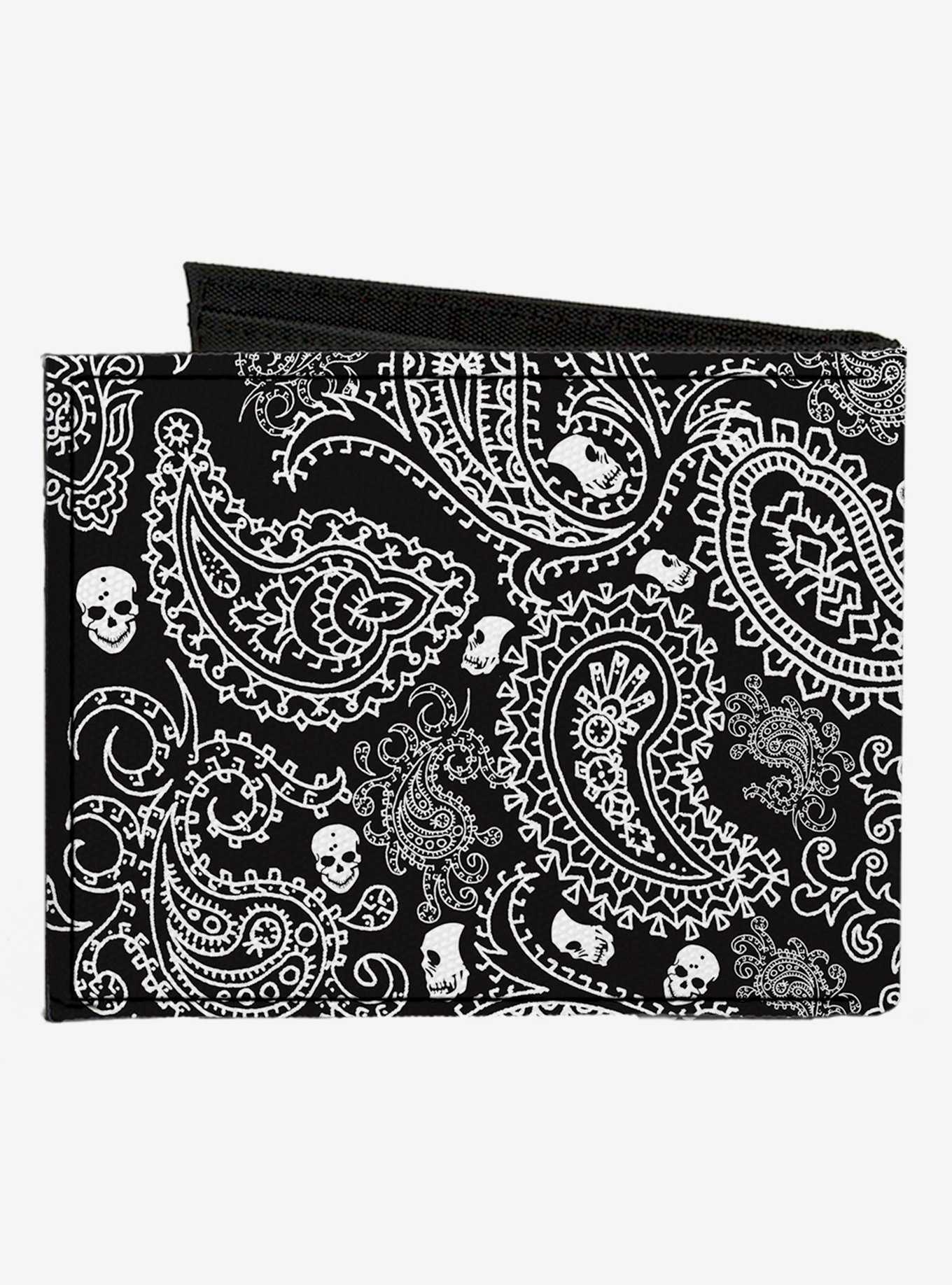 Bandana Skull Print Canvas Bifold Wallet Black White, , hi-res