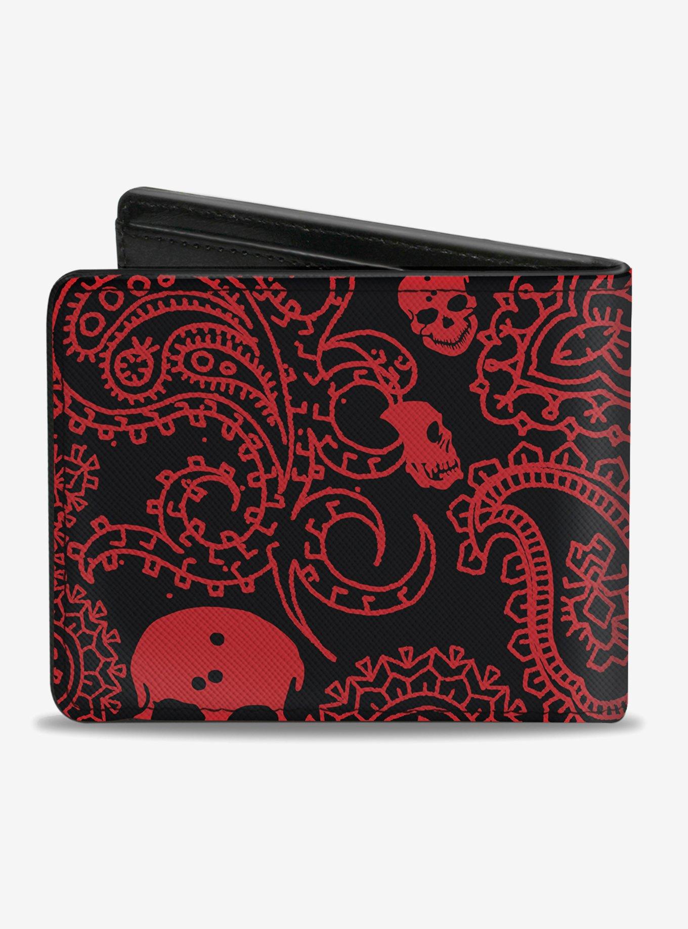 Bandana Skull Print Bifold Wallet Black Red, , alternate