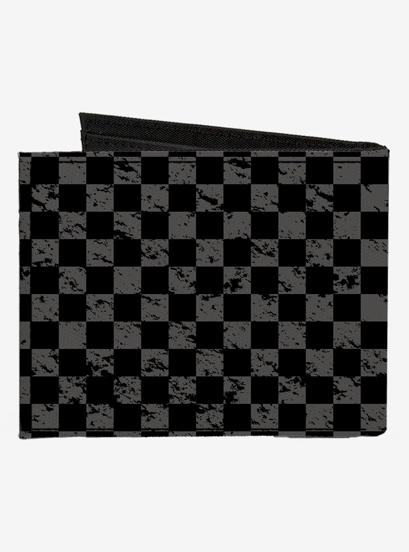 Distressed Checker Print Canvas Bifold Wallet Gray, , alternate