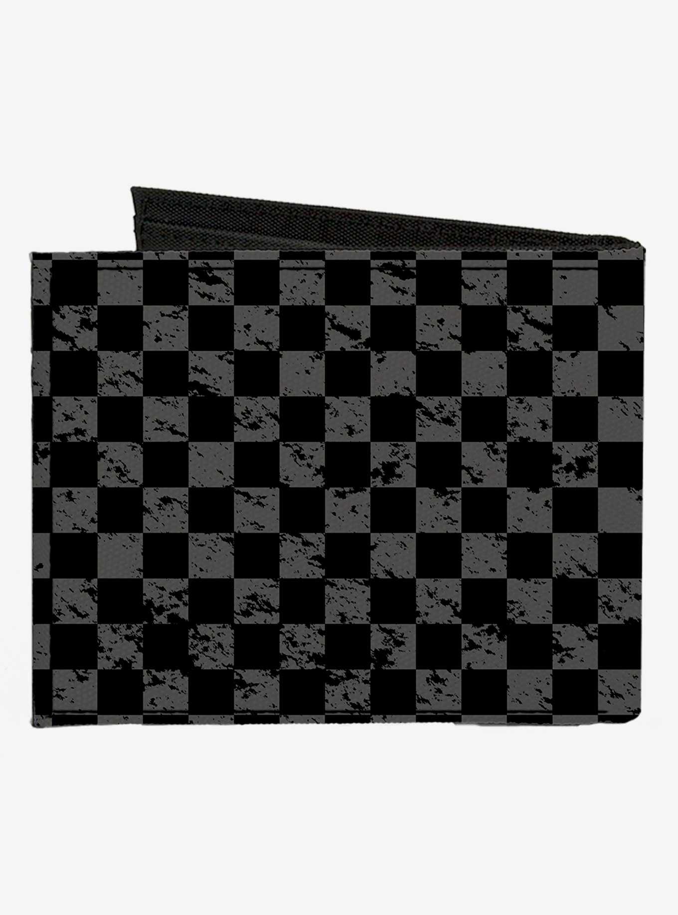 Distressed Checker Print Canvas Bifold Wallet Gray, , hi-res
