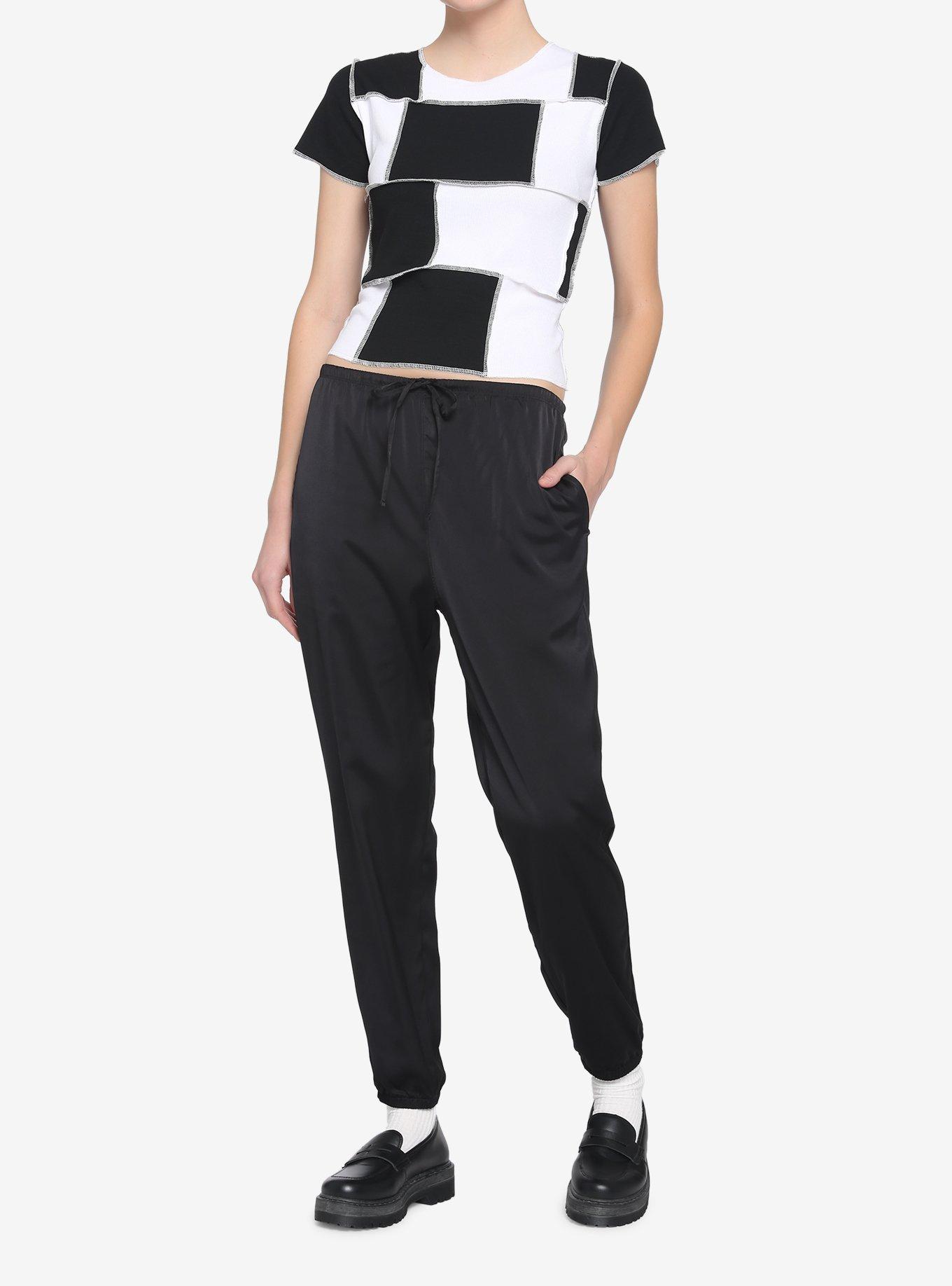 Black & White Patchwork Contrast Stitch Girls Crop T-Shirt, MULTI, alternate