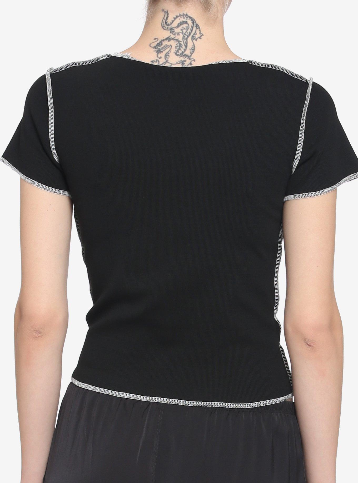 Black & White Patchwork Contrast Stitch Girls Crop T-Shirt, MULTI, alternate