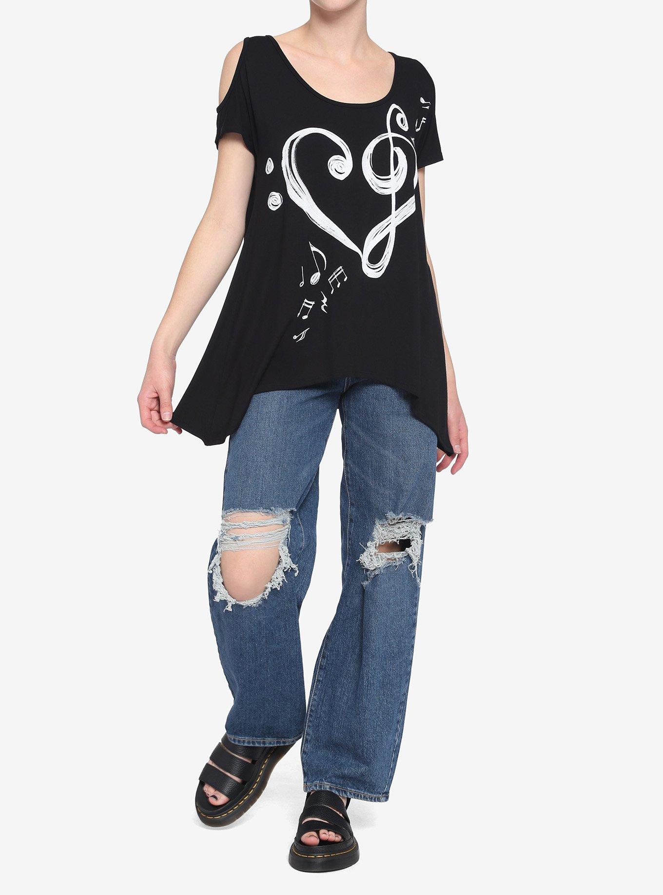 Music Notes & Clefs Cold Shoulder Girls Top, BLACK, alternate