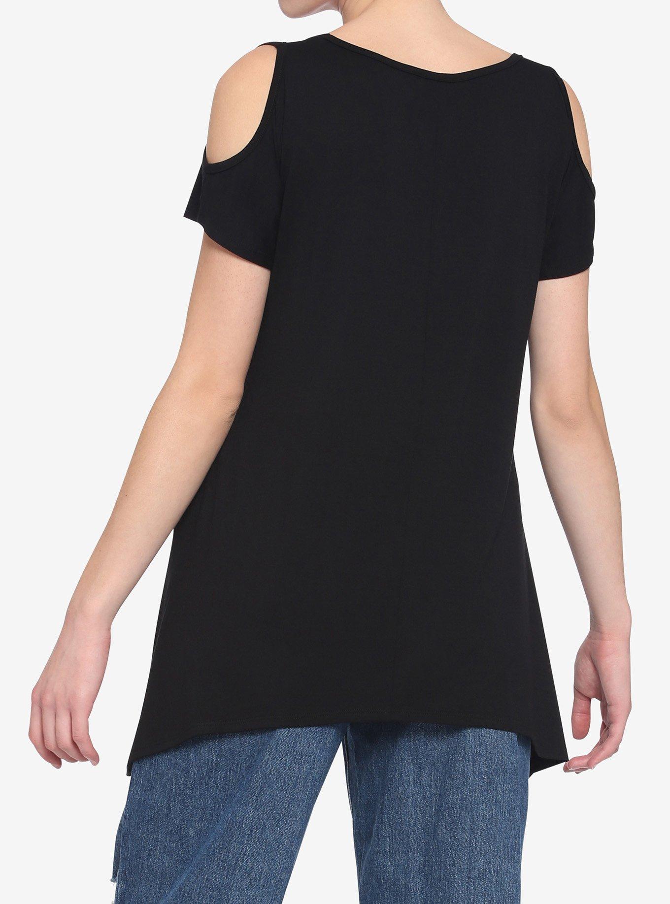Music Notes & Clefs Cold Shoulder Girls Top, BLACK, alternate