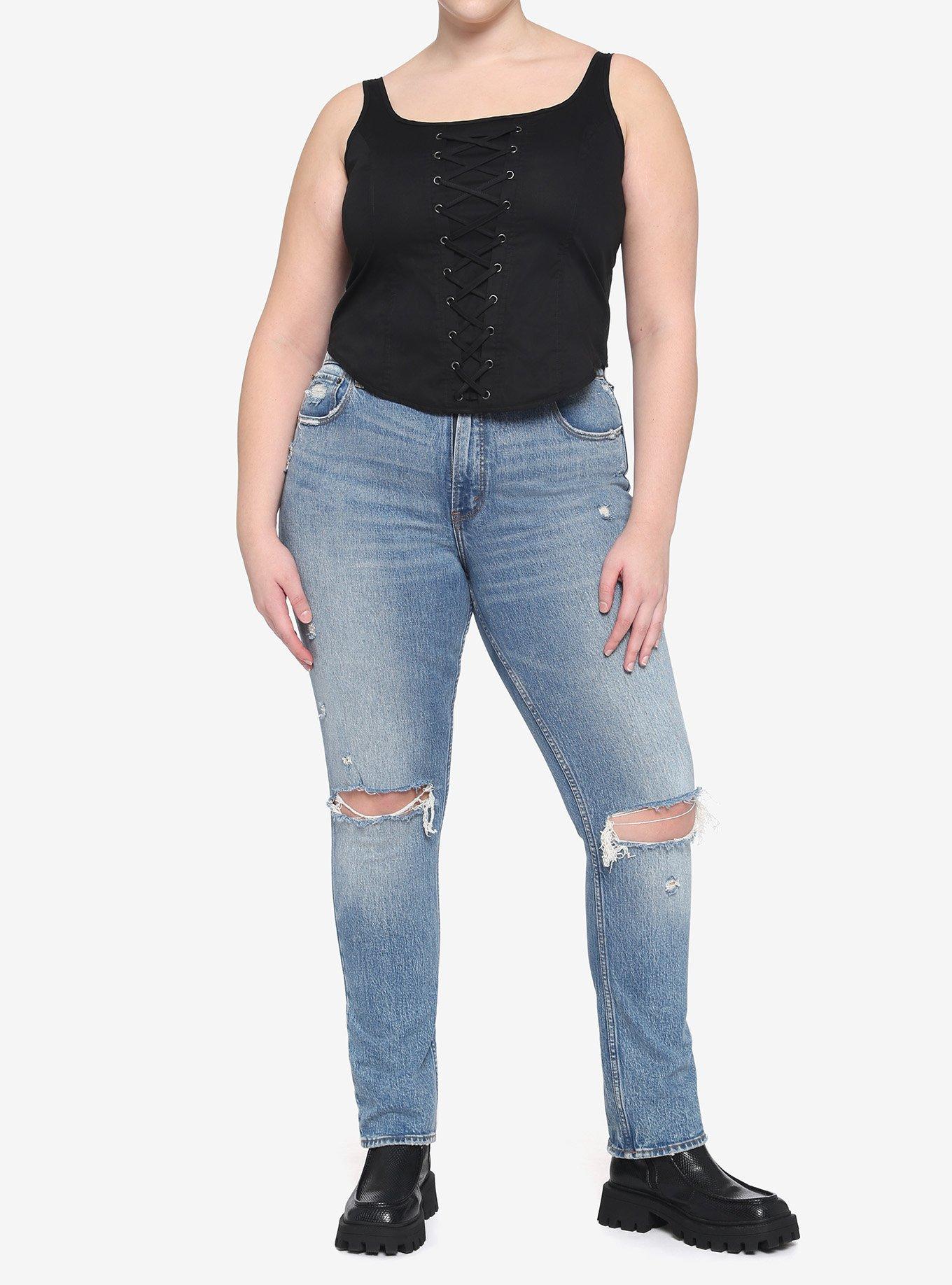 Black Lace-Up Corset Plus Size, BLACK, alternate