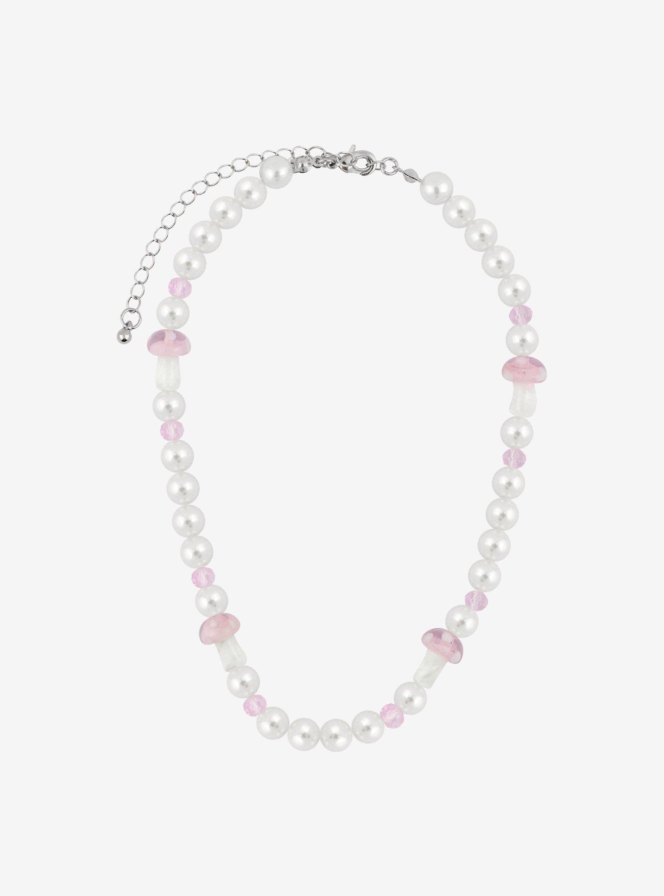 Pastel Pink Mushroom Pearl Beaded Necklace, , alternate