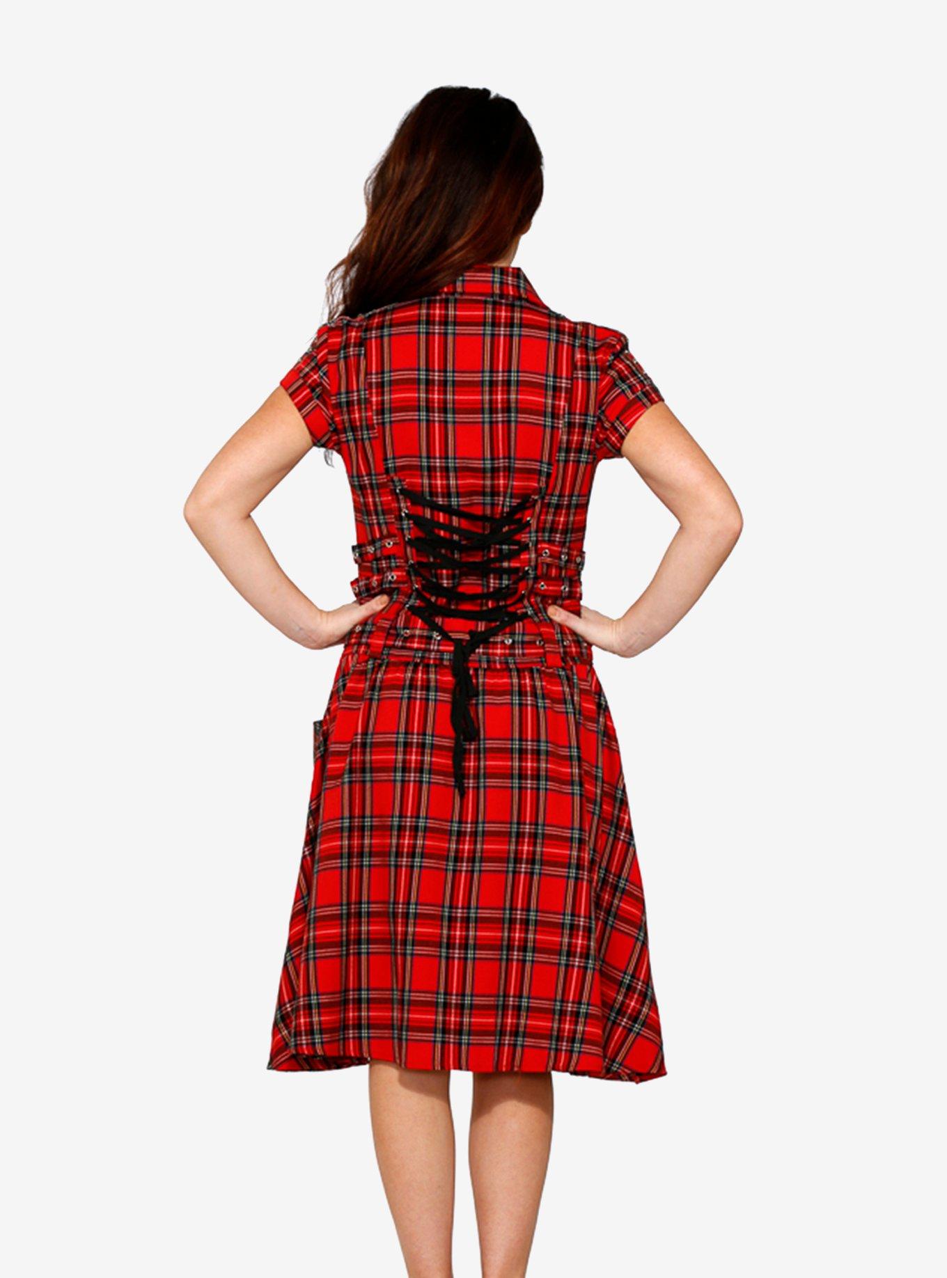 Red Plaid Zipper Bondage Midi Dress, , hi-res