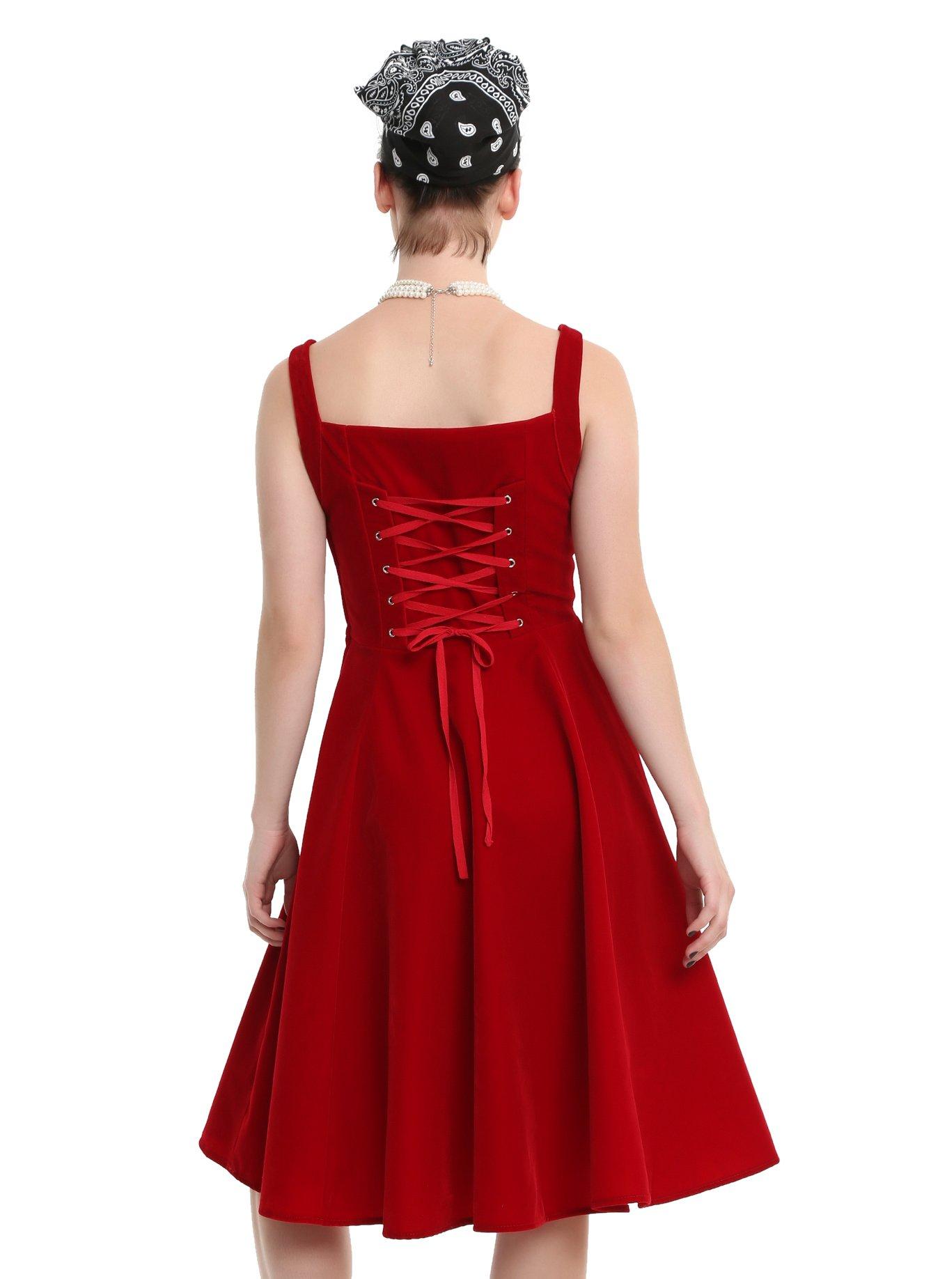 Red Velvet Lace-Up Back Fit & Flare Dress, RED, alternate