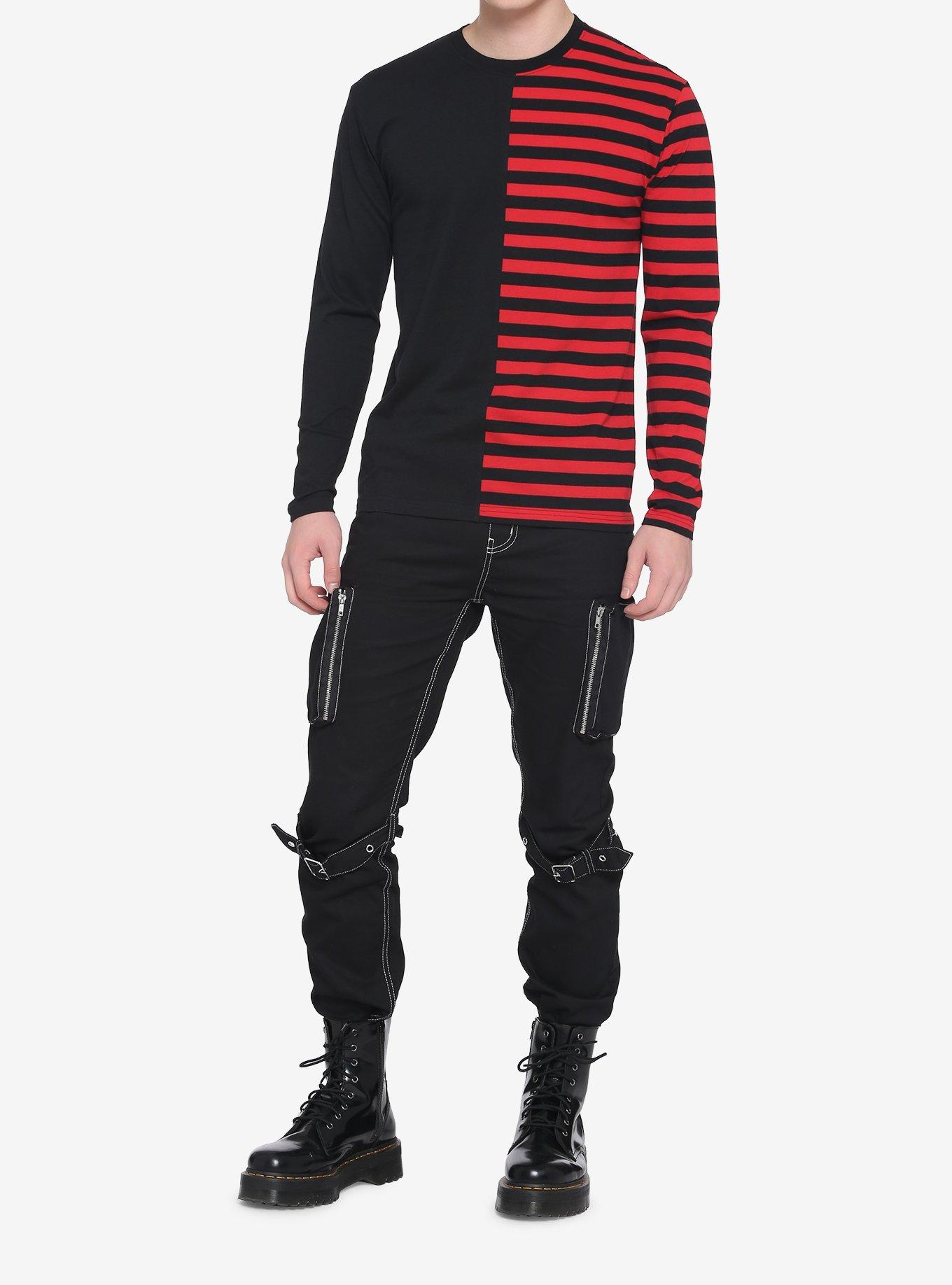 Red & Black Stripe Split Long-Sleeve T-Shirt, STRIPE - RED, alternate
