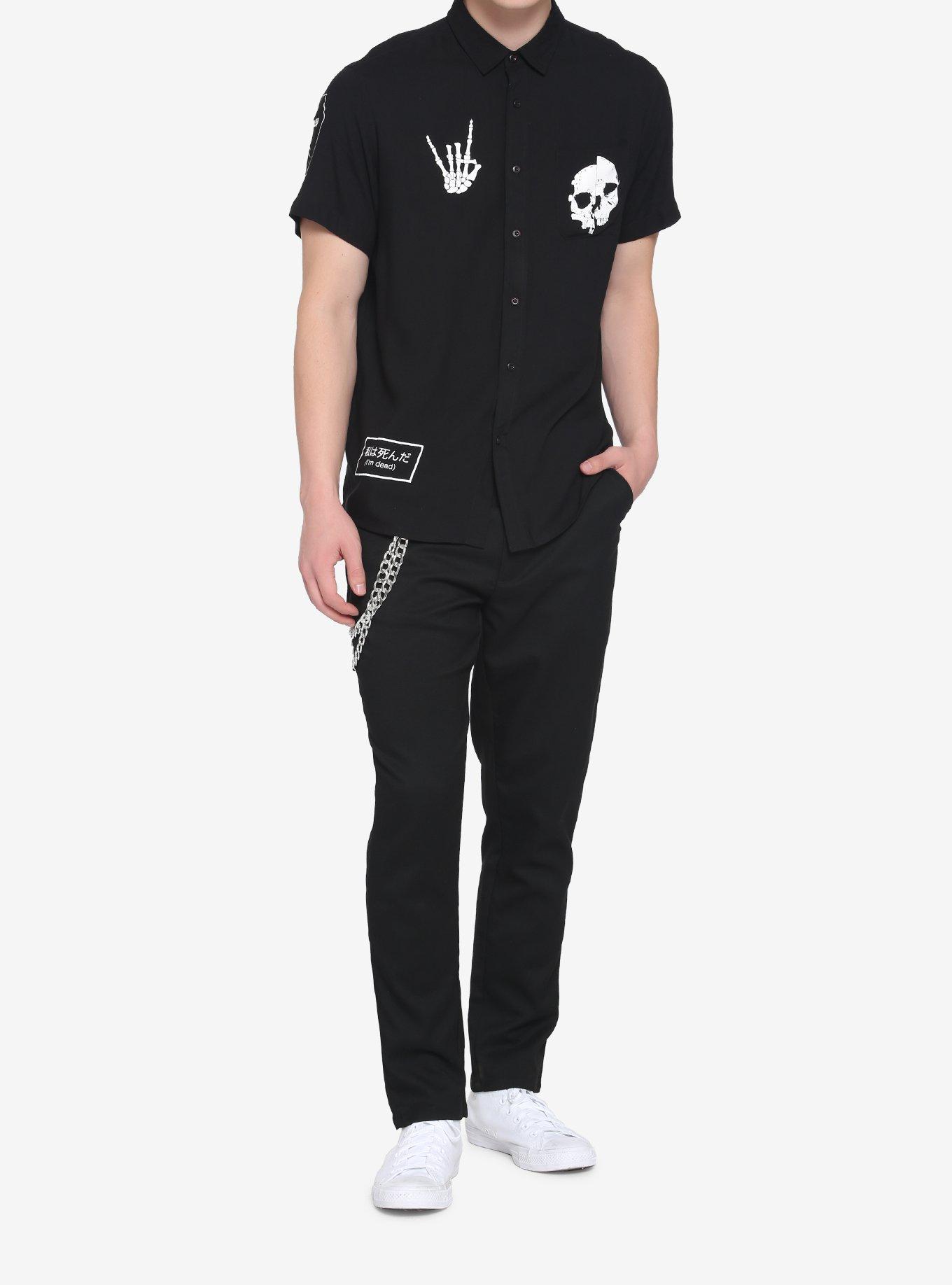 I'm Dead Patch Skeleton Woven Button-Up, BLACK, alternate