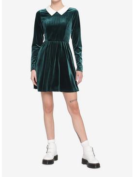 Green Velvet Collared Long-Sleeve Dress, , hi-res