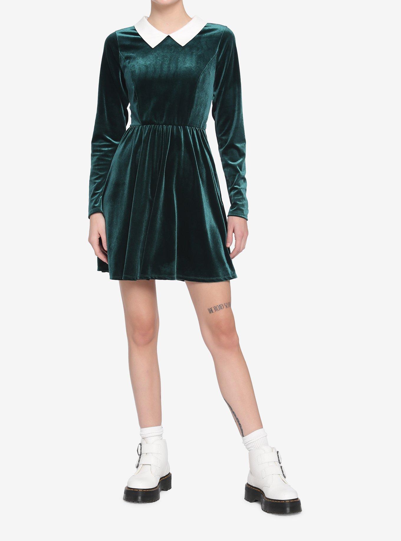 Green Velvet Collared Long-Sleeve Dress, GREEN, alternate