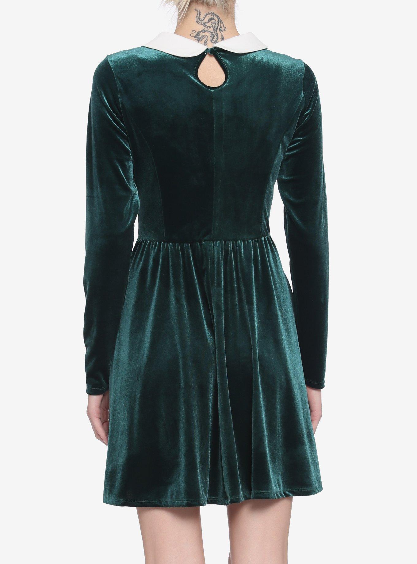 Green Velvet Collared Long-Sleeve Dress, GREEN, alternate