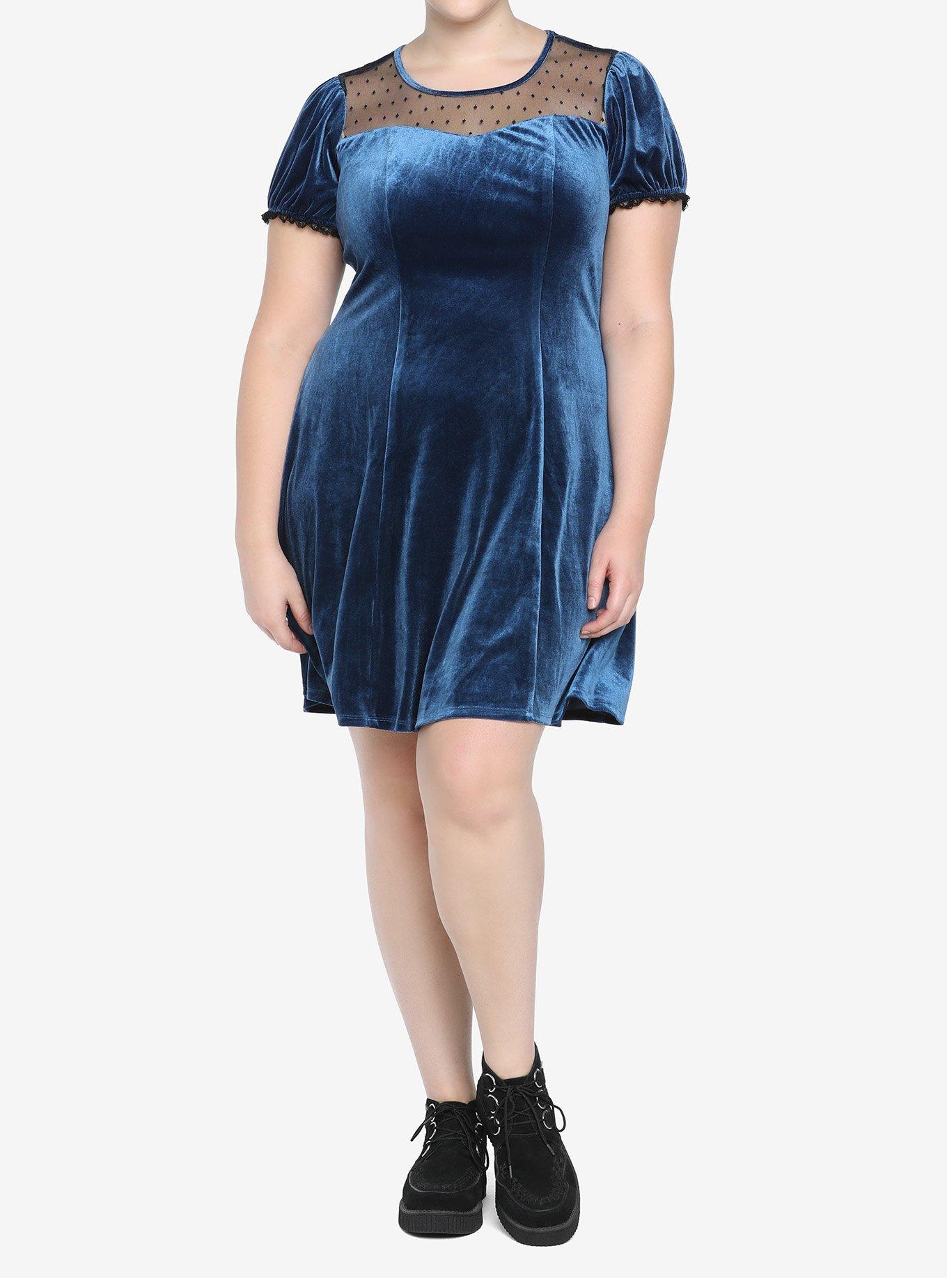 Blue Velvet & Lace Sweetheart Dress Plus Size, , hi-res