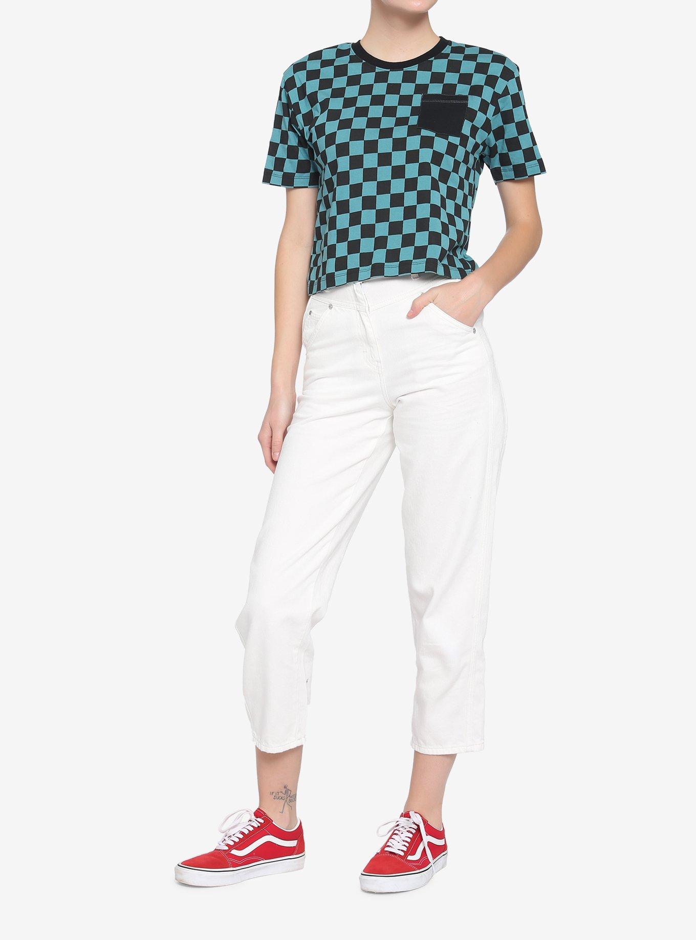 Teal & Black Checkered Boxy Girls Crop T-Shirt, CHECKERED, alternate