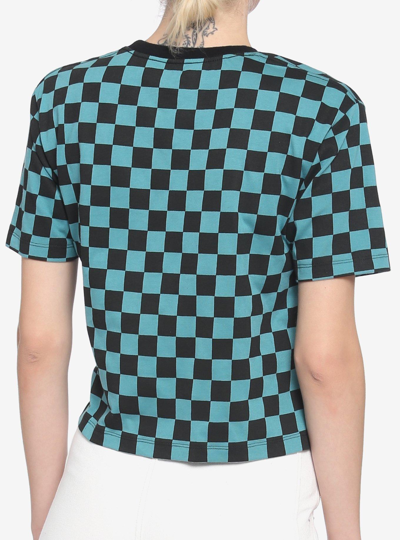 Teal & Black Checkered Boxy Girls Crop T-Shirt, CHECKERED, alternate