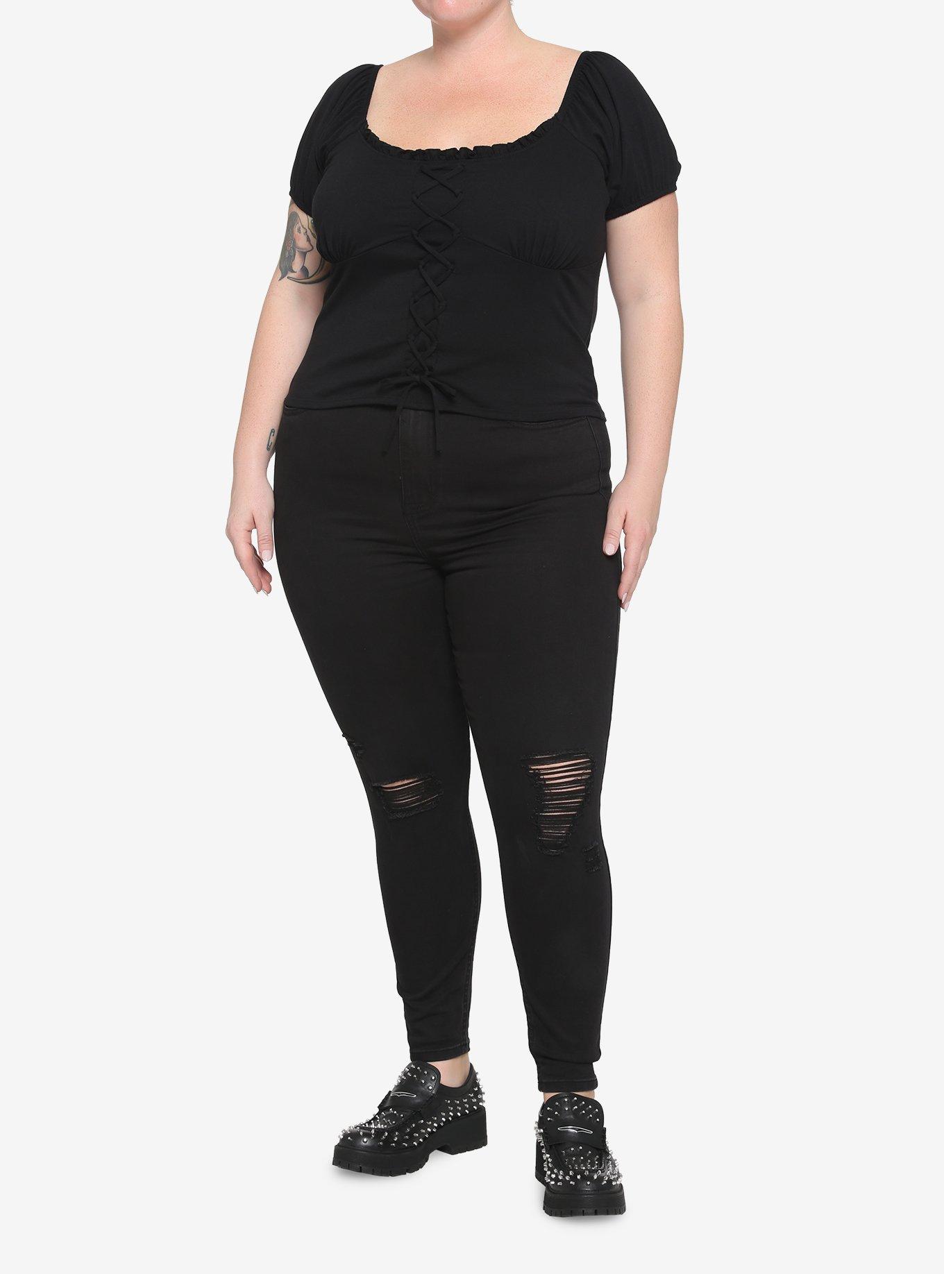 Black Lace-Up Girls Top Plus Size, BLACK, alternate
