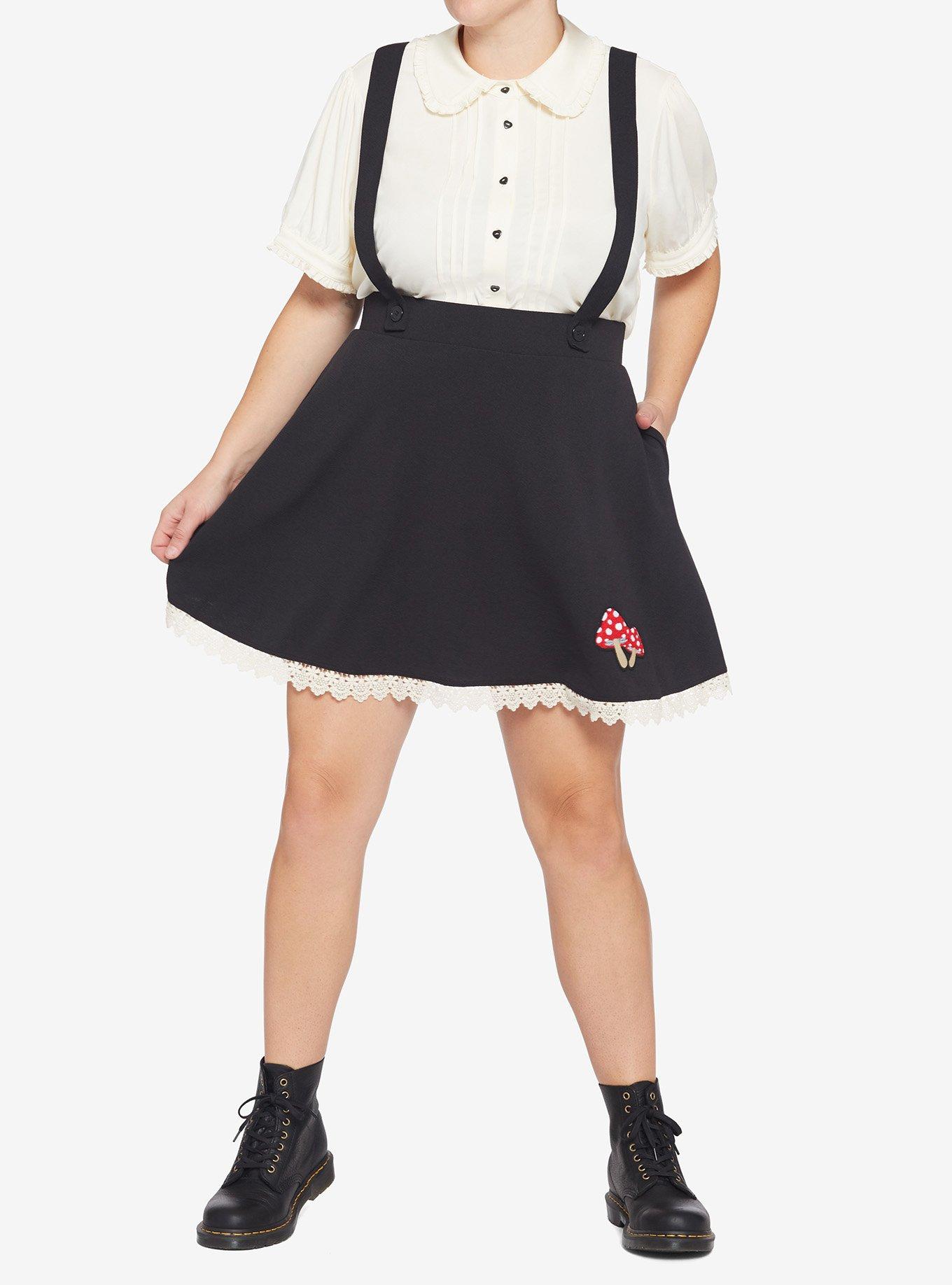 Mushroom Patch Suspender Skirt Plus Size, BLACK, alternate