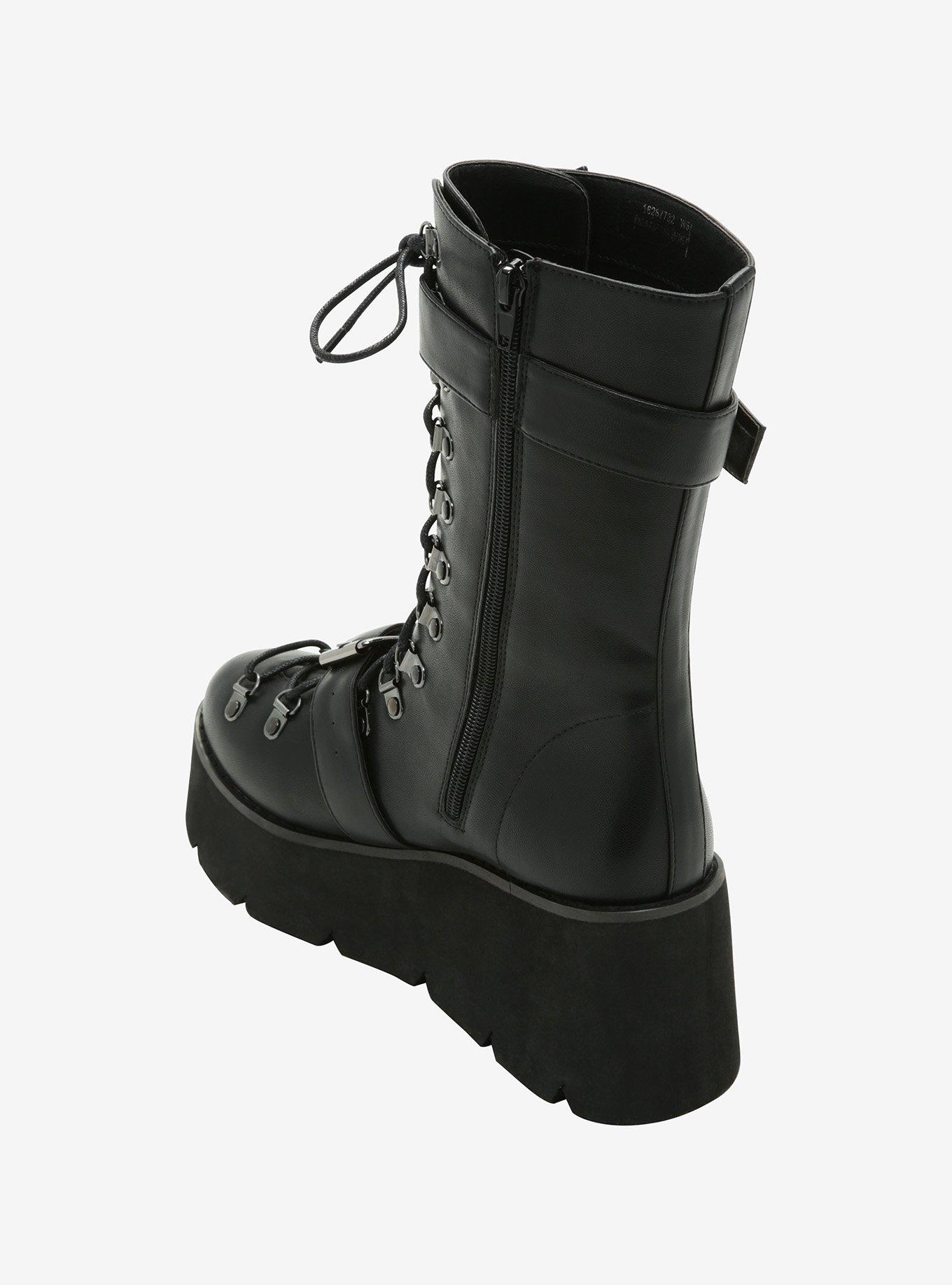 Black Lace-Up Double-Buckle Platform Boots, MULTI, alternate