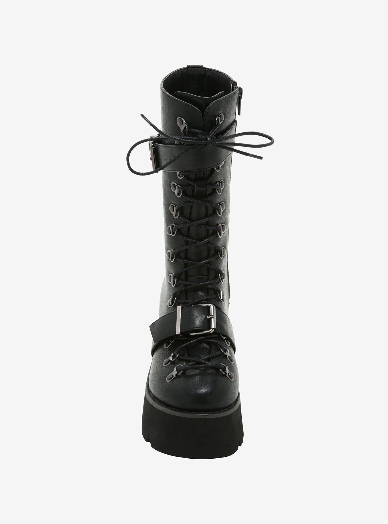 Black Lace-Up Double-Buckle Platform Boots, MULTI, alternate