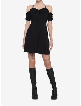 Black Lace-Up Cold Shoulder Puff Sleeve Dress, , hi-res