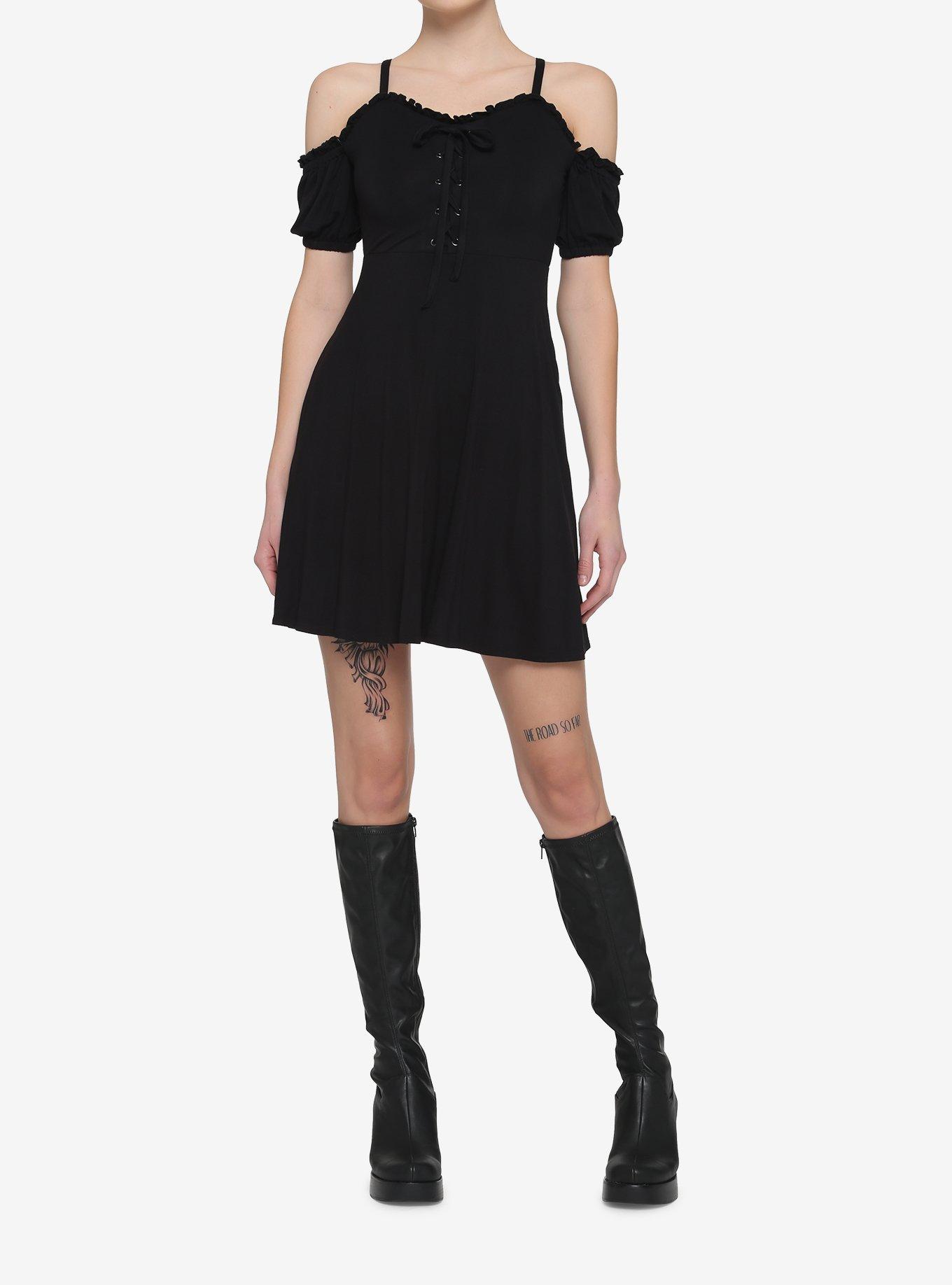 Black Lace-Up Cold Shoulder Puff Sleeve Dress, BLACK, alternate
