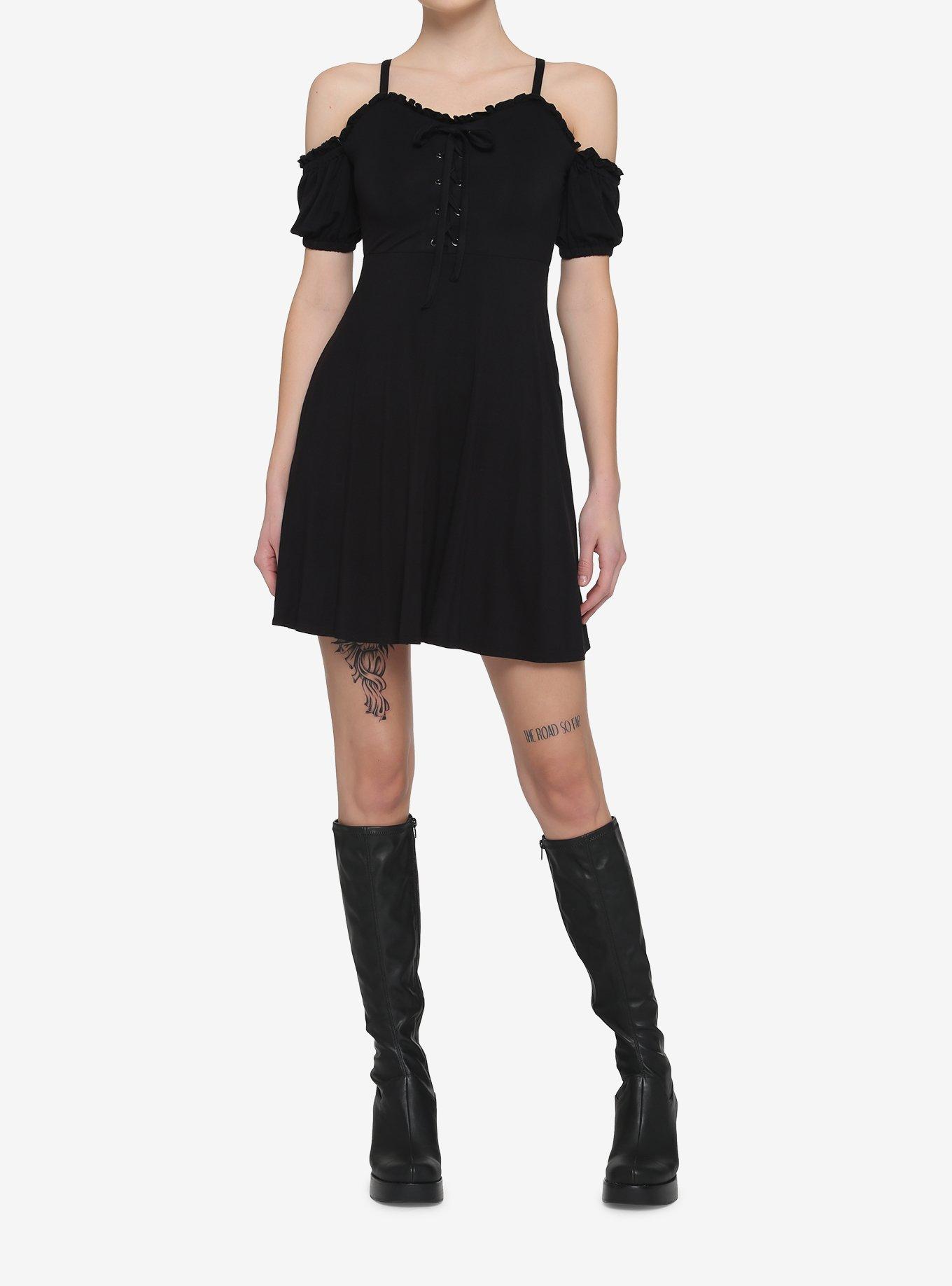 Black Lace-Up Cold Shoulder Puff Sleeve Dress, BLACK, alternate - view 2