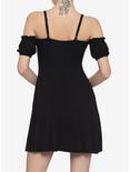 Black Lace-Up Cold Shoulder Puff Sleeve Dress, BLACK, alternate