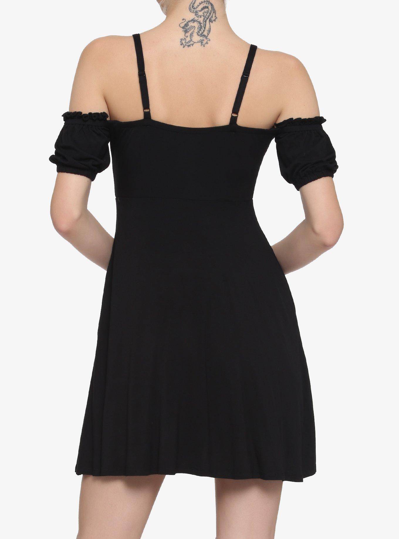 Black Lace-Up Cold Shoulder Puff Sleeve Dress, BLACK, alternate - view 3