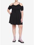 Black Lace-Up Cold Shoulder Puff Sleeve Dress Plus Size, BLACK, alternate
