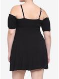 Black Lace-Up Cold Shoulder Puff Sleeve Dress Plus Size, BLACK, alternate
