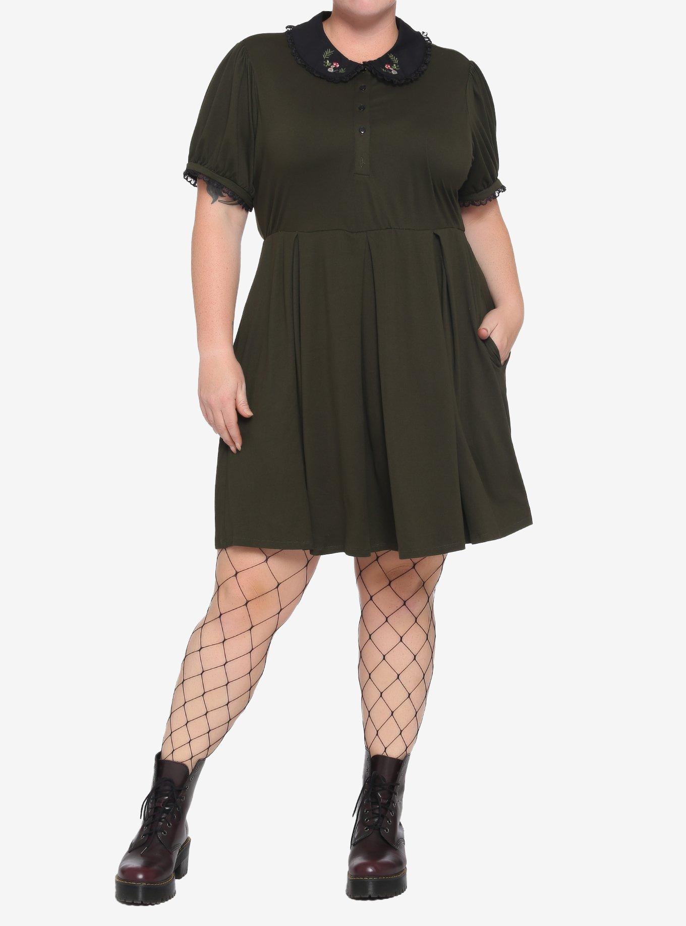 Forest Green Embroidered Collar Dress Plus Size, FOREST GREEN, alternate