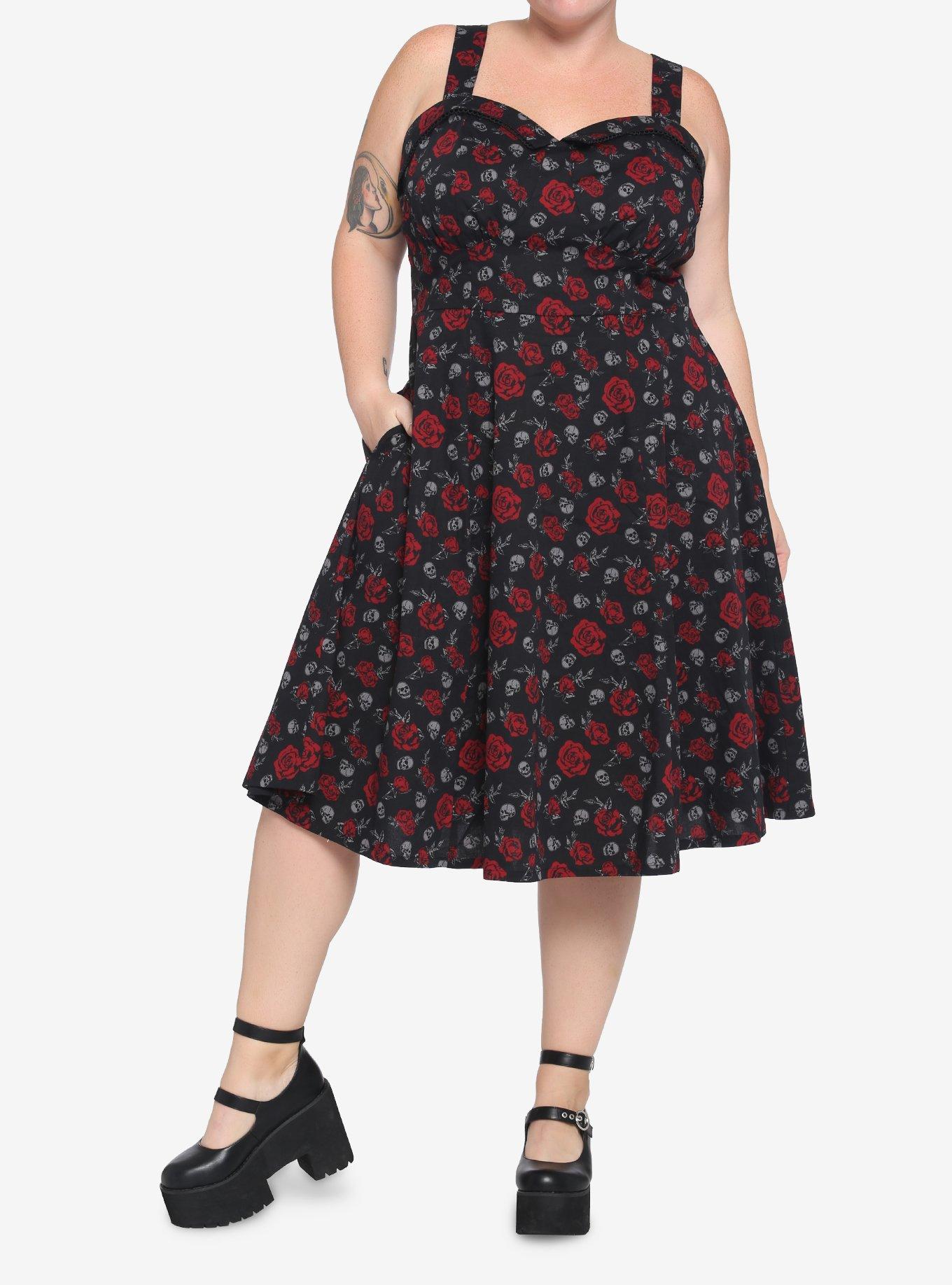 Skulls & Red Roses Retro Dress Plus Size, SKULL ROSES, alternate