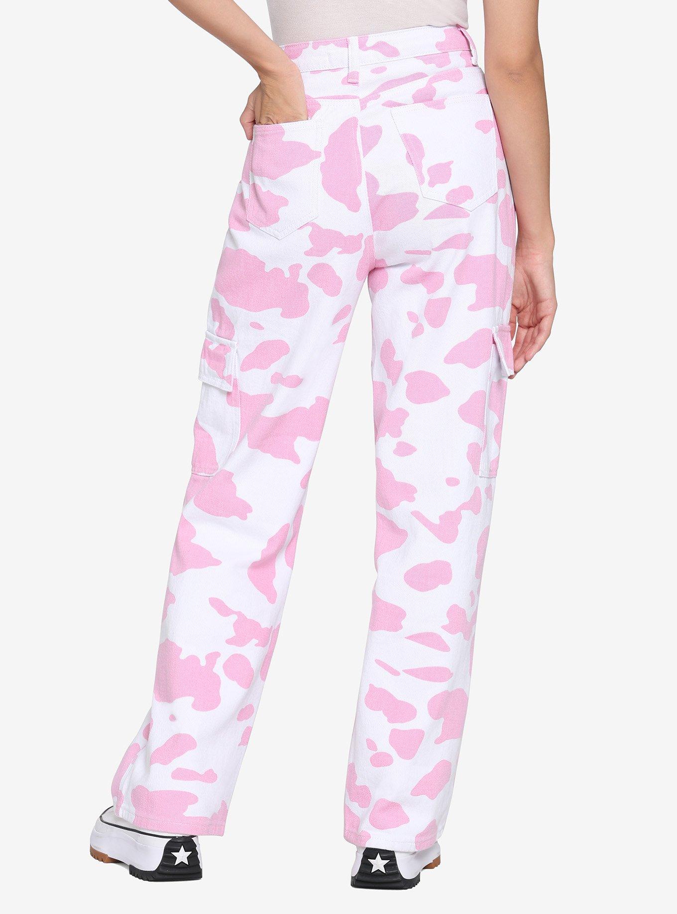 Pink Cow Print Girls High-Waisted Denim Pants, PINK  WHITE, alternate