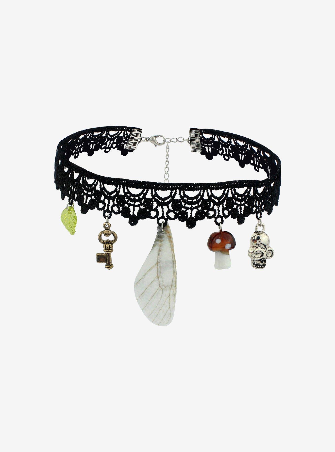 Black Embroidered Dragonfly Wing & Forest Charms Choker, , alternate