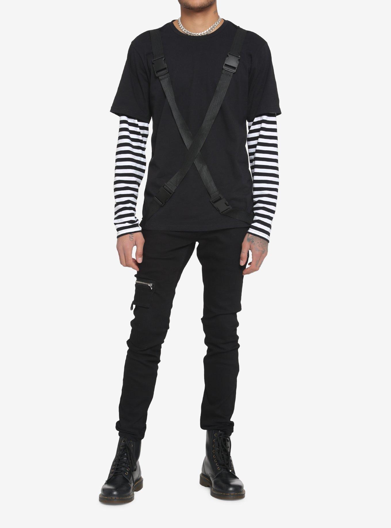 Black & White Stripe Sleeve With Straps Twofer Long-Sleeve T-Shirt, BLACK, alternate