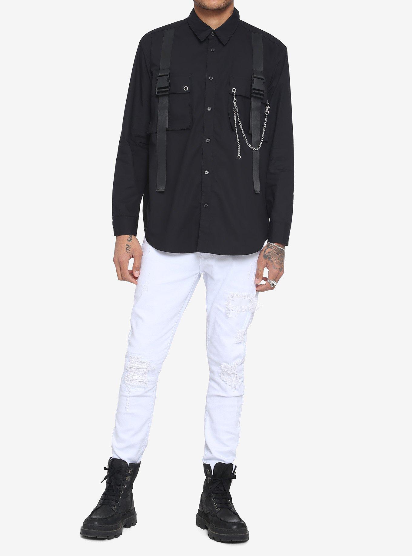 Black Strap & Chain Long-Sleeve Woven Button-Up, BLACK, alternate