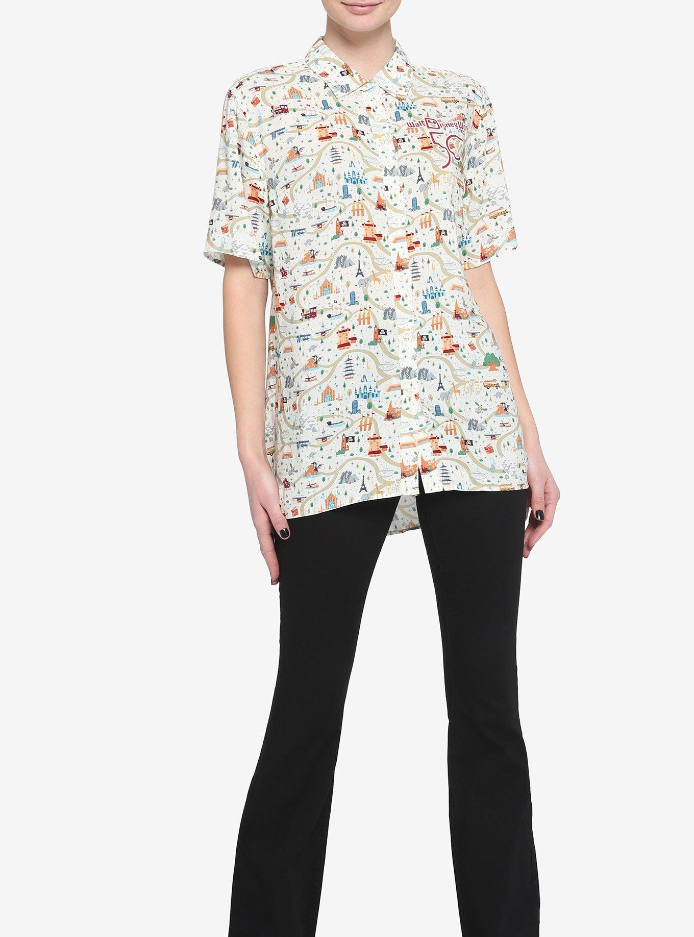 Her Universe Walt Disney World 50th Anniversary Attractions Map Woven Button-Up, MULTI, alternate