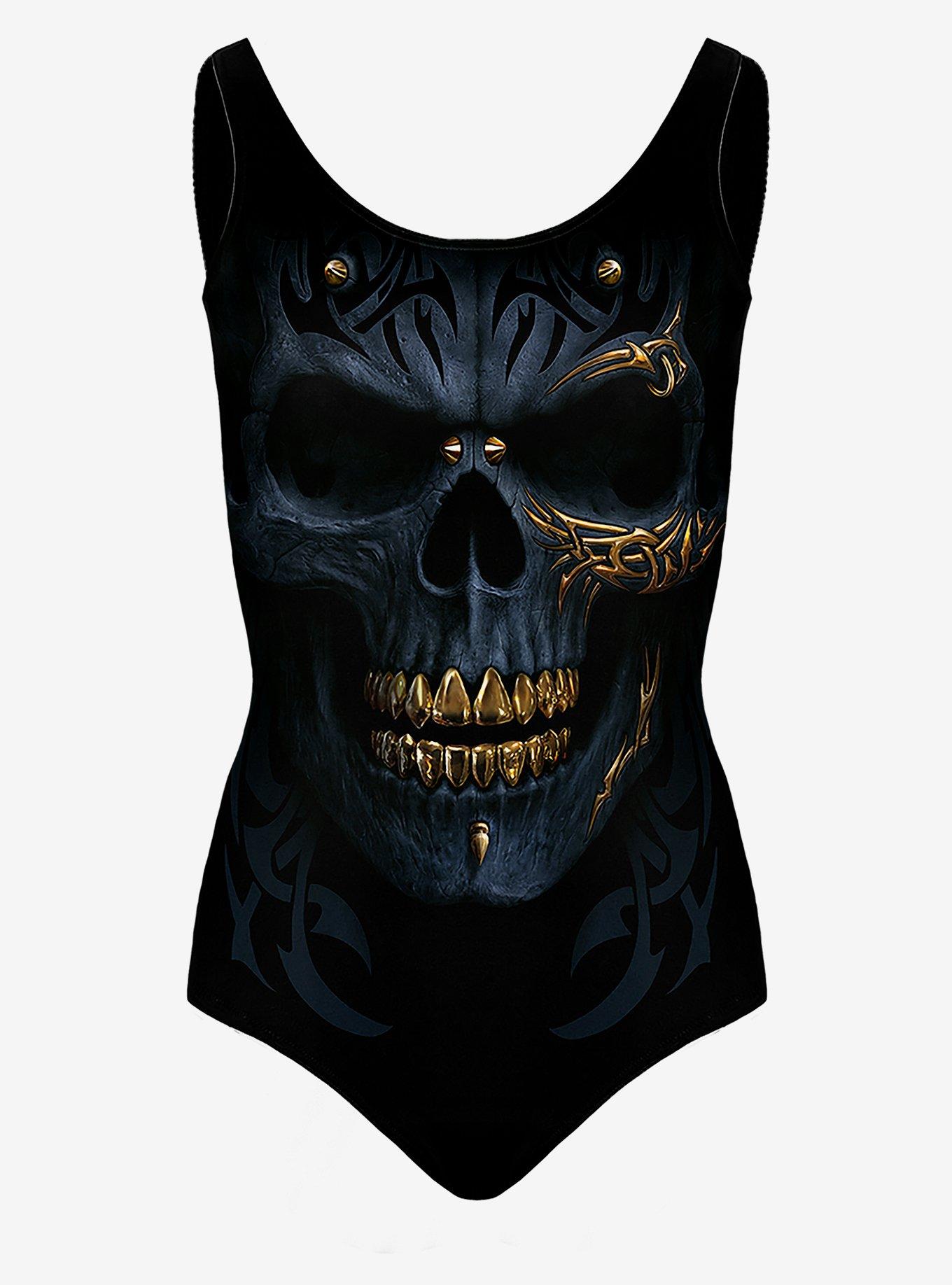 Black Gold Skull Scoop Back Swimsuit, BLACK, alternate