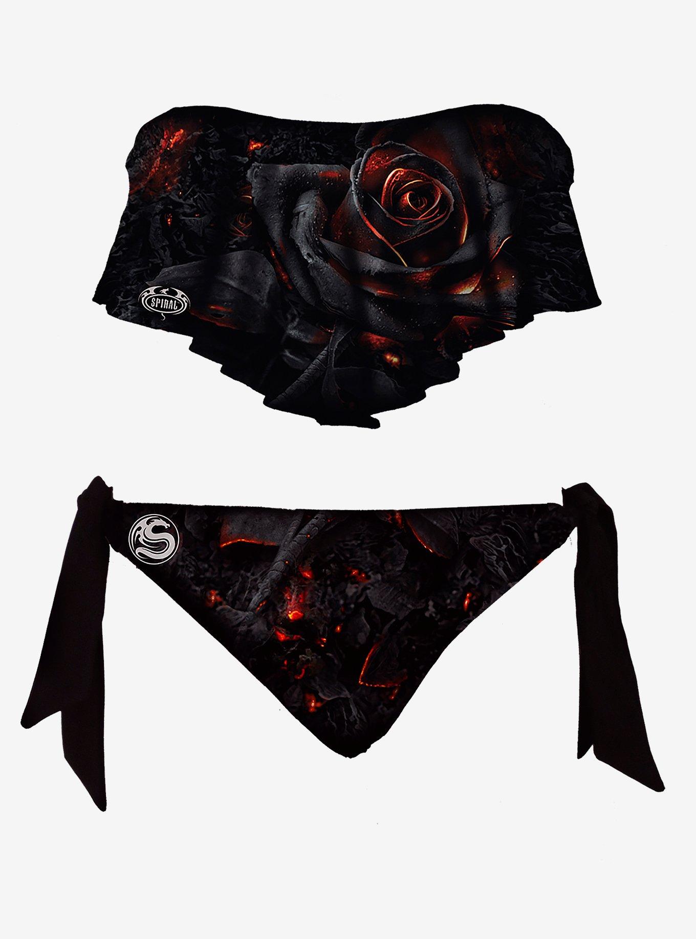 Burnt Rose Flounce Bandeau Bikini Set, BLACK, alternate