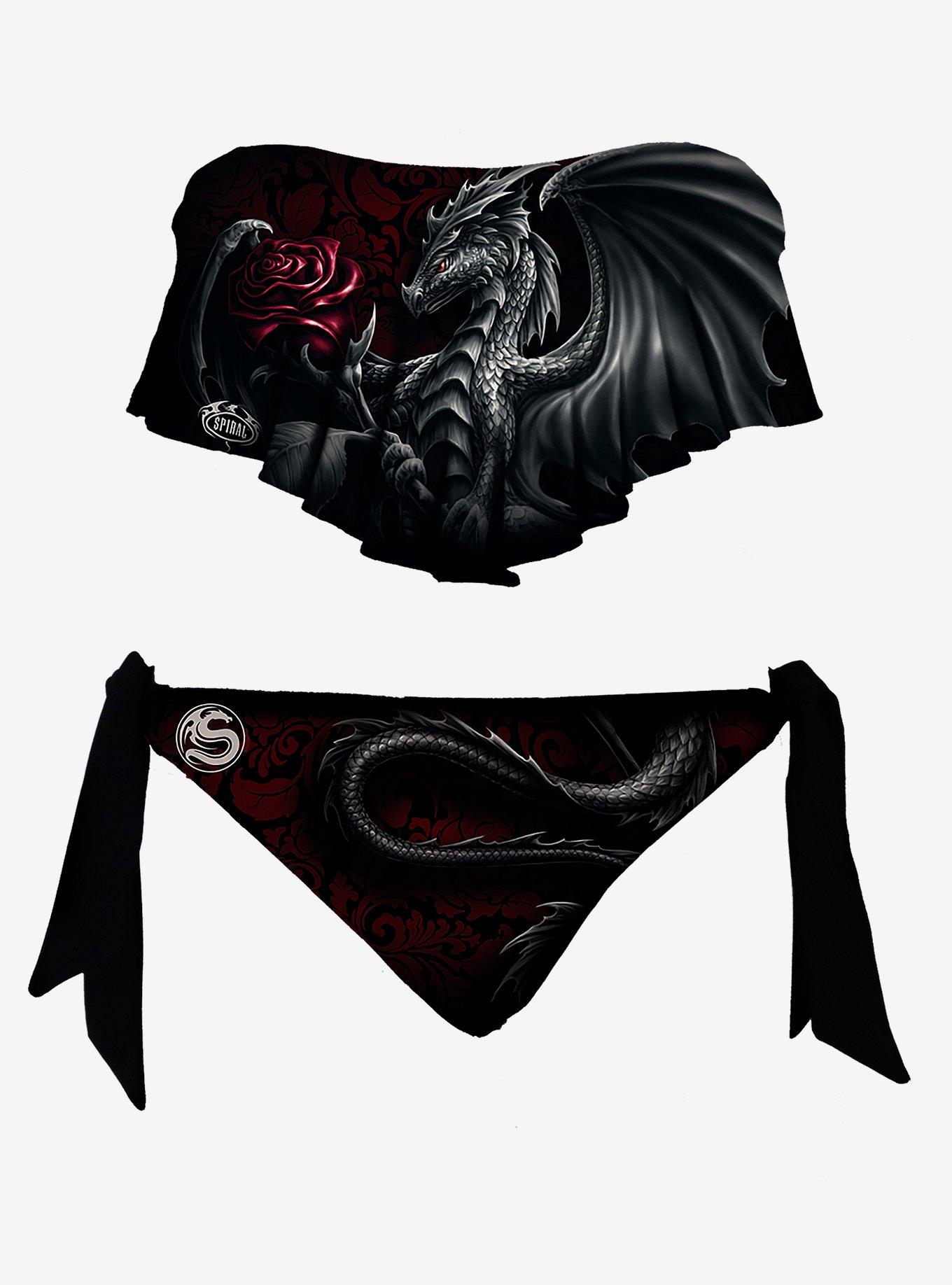 Dragon Rose Flounce Bandeau Bikini Set, BLACK, alternate