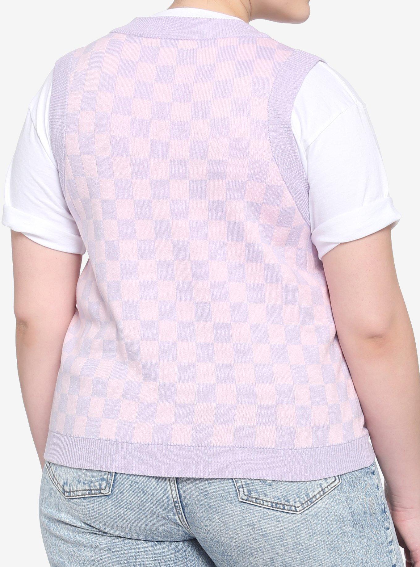 Pink & Lavender Checkered Girls Crop Sweater Vest Plus Size, MULTI, alternate
