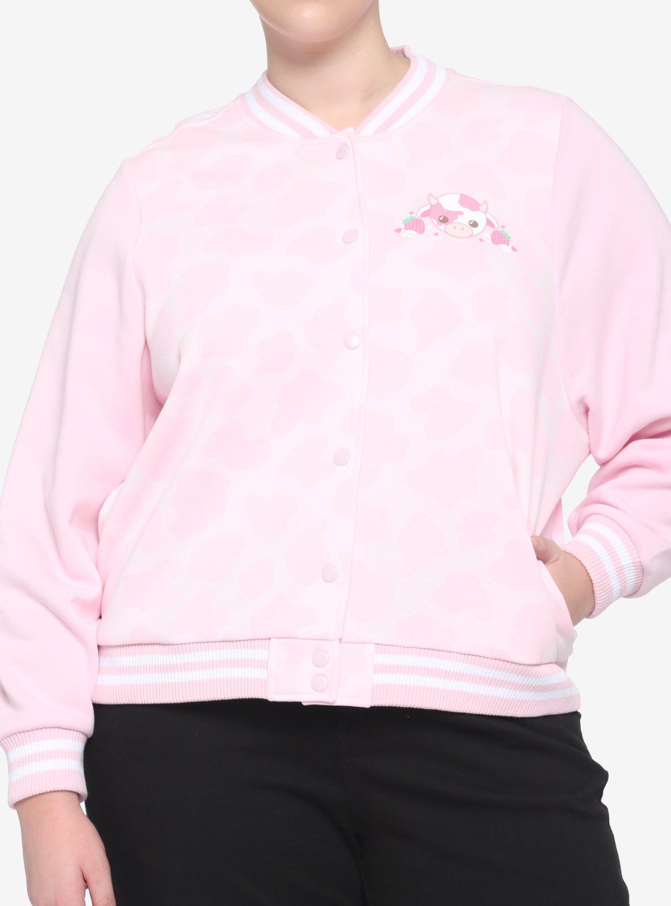 Strawberry Milk Cow Girls Bomber Jacket Plus Size, PINK, alternate