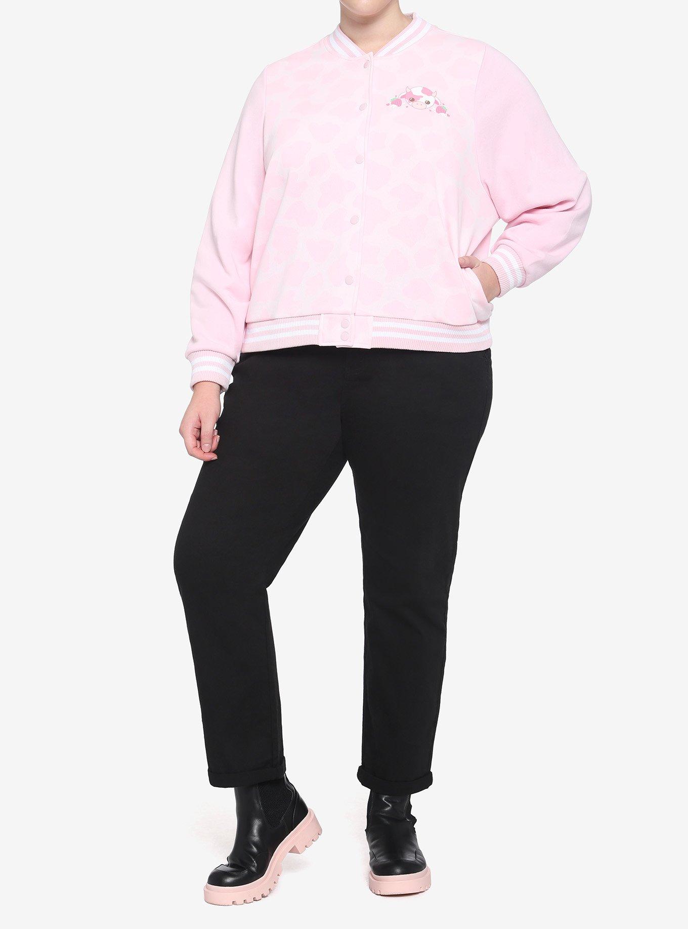 Strawberry Milk Cow Girls Bomber Jacket Plus Size, PINK, alternate