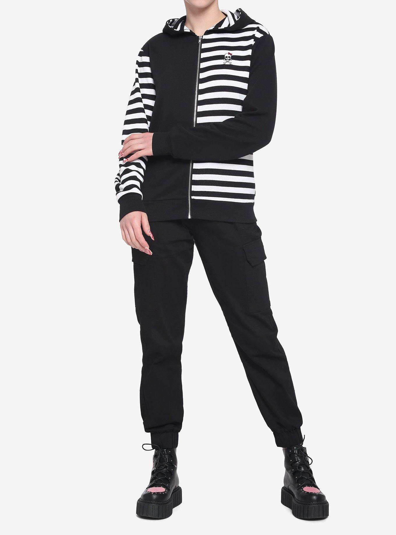 Black & White Stripe Split Girls Hoodie, STRIPE - WHITE, alternate
