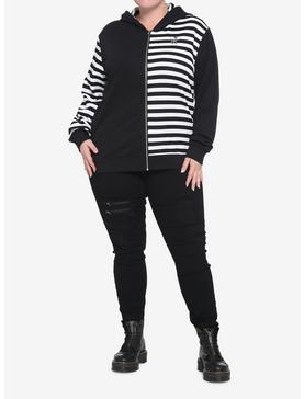 Black & White Stripe Split Girls Hoodie Plus Size, , hi-res