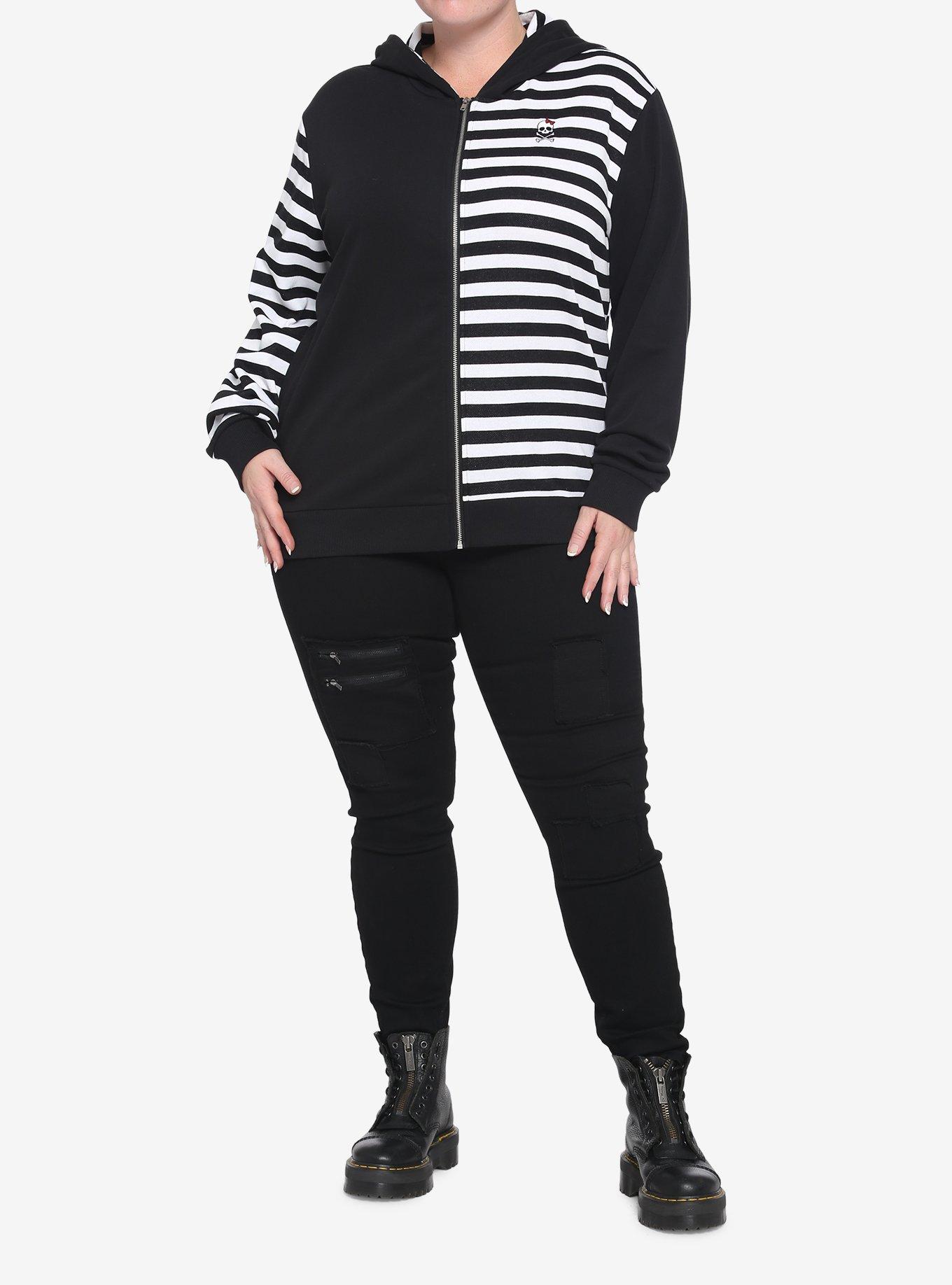 Black & White Stripe Split Girls Hoodie Plus Size, STRIPE - WHITE, alternate