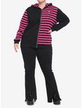 Pink & Black Stripe Split Girls Hoodie Plus Size, STRIPES, alternate
